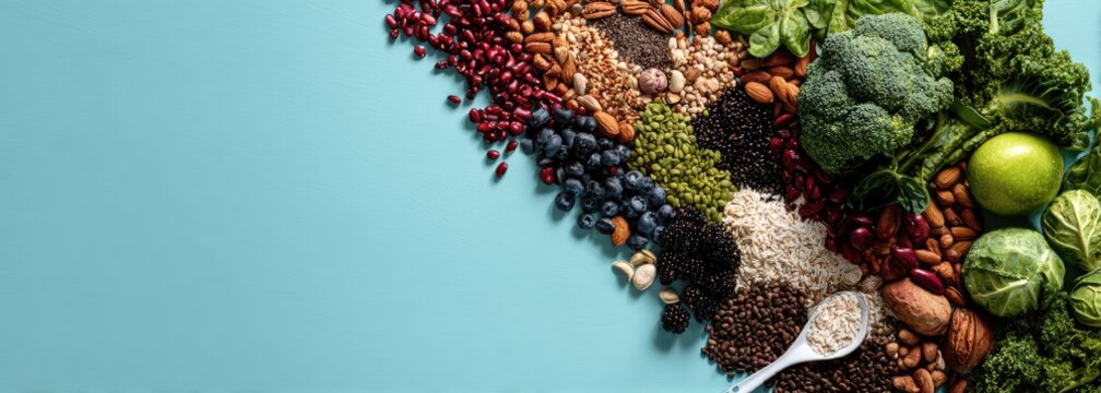 A vibrant assortment of healthy foods including various beans, nuts, seeds, and fresh green vegetables arranged diagonally on a turquoise background.