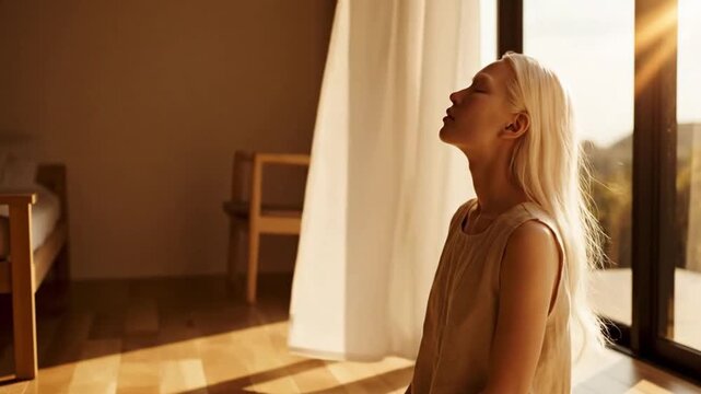 Serene Person with Albinism in Minimalist Evening Room