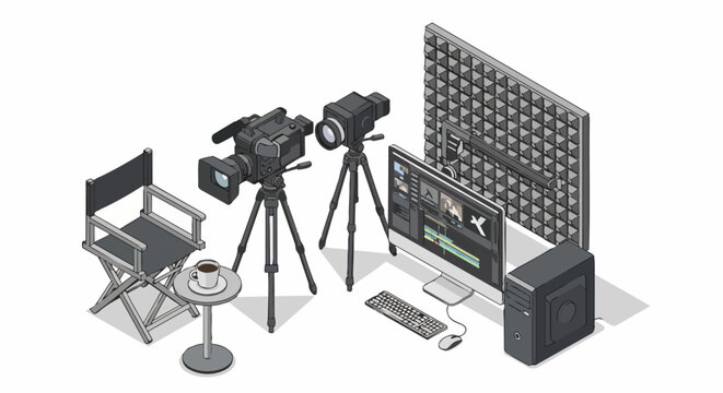 Isometric Professional Video Production Studio with Cinema Cameras and Video Editing Workspace