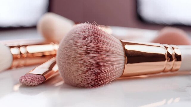 Closeup of Makeup Brushes on a Marble Surface with Soft Lighting.