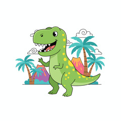 Friendly Green Tyrannosaurus Rex Cartoon Illustration with Tropical Palm Trees and Volcanoes in a Fun Prehistoric Landscape perfect for Kids' Designs and Educational Content © Debra