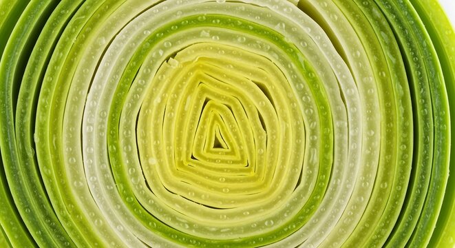 Detailed close-up of a freshly cut leek cross-section revealing its intricate concentric green and yellow layers with spring onion