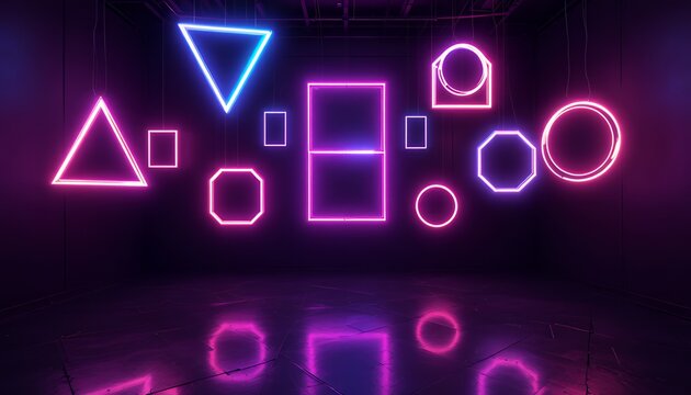 Neon shapes and geometric neon glow in a dark studio with reflections