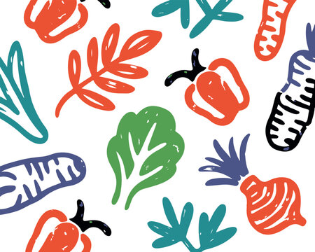 Hand drawn vegetable sketches pattern with colorful organic food elements on transparent background.