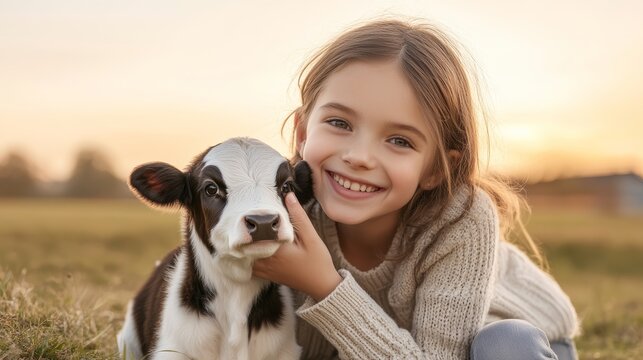 young girl with calf cow in field meadow hugging with her hand farm life peasant household animal husbandry and ecology