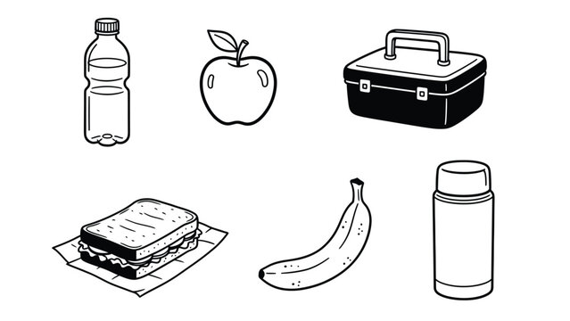 Packed Lunch Essentials Line Art Set: Water Bottle, Apple, Sandwich, Banana, Lunchbox, Thermos