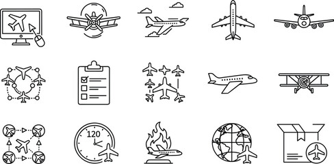 Airplane aviation line icons set, aircraft travel symbols collection, flight routes, airport logistics, cargo delivery, aviation vector outline icons © MdRased
