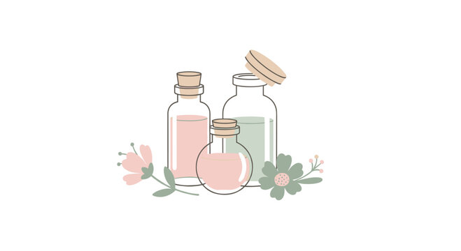 Three elegant glass apothecary bottles filled with soft pink and muted green liquids are arranged with delicate matching flowers and leaves at their base.