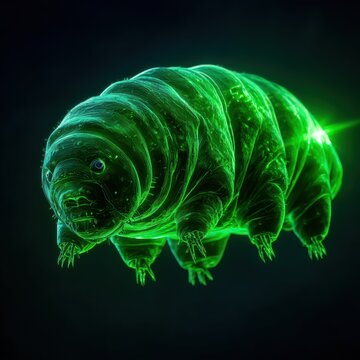 Close-up of a tardigrade under a laboratory microscope, radiation warning symbols blurred in background, green radioactive glow reflections