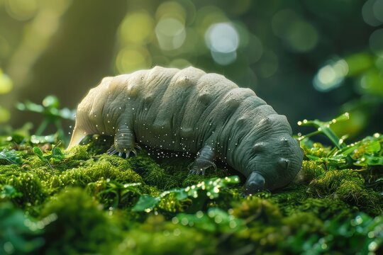 Macro photograph of a tardigrade crawling on radioactive moss in an abandoned nuclear zone, glowing particles in air, dramatic cinematic lighting, hyper realistic