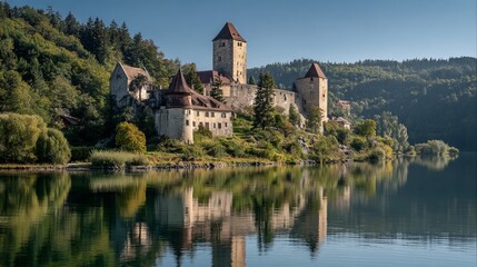 Obraz premium A serene castle sits on the edge of a calm lake surrounded by lush greenery and towering trees under a clear blue sky.