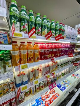 22.03.2026, Ukraine, Kharkov, Assorted Drinking Yogurts and Probiotic Drinks on Supermarket Shelf