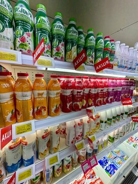 22.03.2026, Ukraine, Kharkov, Assorted Drinking Yogurts and Probiotic Drinks on Supermarket Shelf