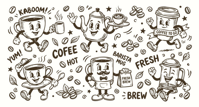 Vintage 1930s Rubber Hose Style Coffee Character and Barista Doodle Set