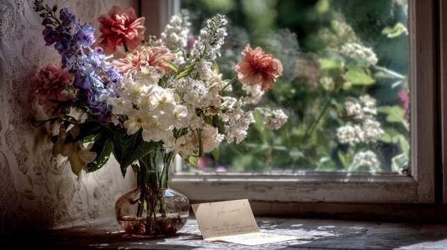 Flowers on the window ledge offer a pretty sight, with room for your words.