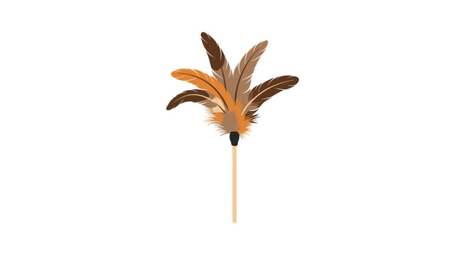 Traditional household feather duster composed of soft natural brown and tan feathers attached to a slender wooden handle on a pristine minimalist white surface.