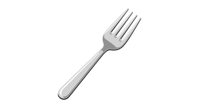 A sleek and shiny stainless steel fork with four sharp tines rests diagonally on a clean white surface with soft grey highlights and subtle metallic reflections.