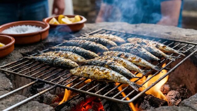freshly grilled Portuguese sardines cooking over an open flame, smoky firelight