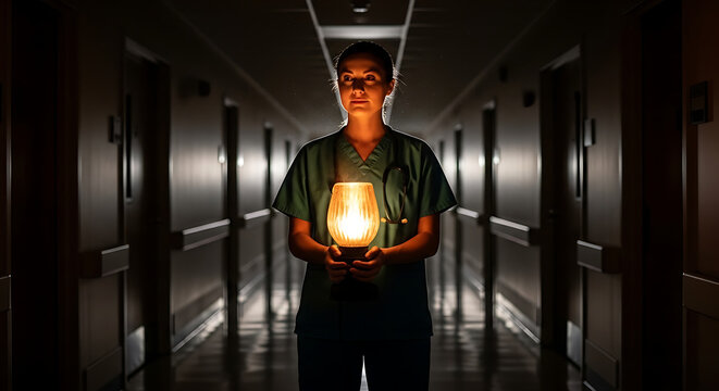 A dedicated nurse holding a glowing lantern in a dimly lit hospital corridor at night
