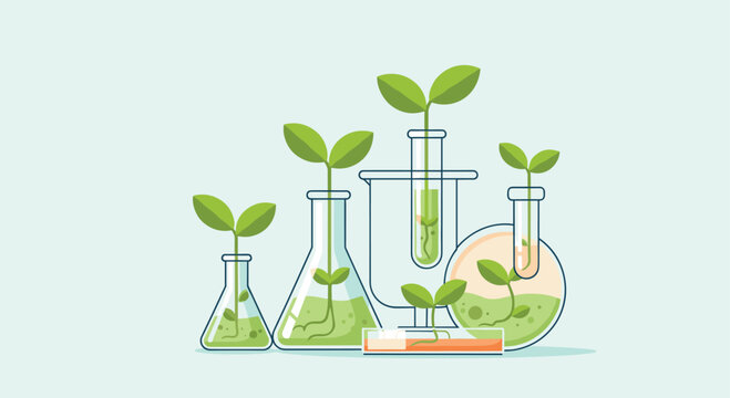 Meticulous vector illustration depicts vibrant green seedlings growing inside various scientific glass containers against a soft mint background under clean lighting.