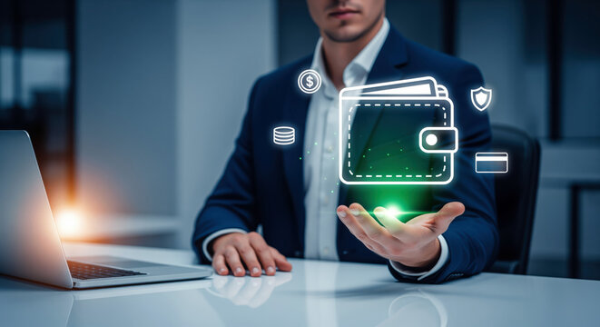 Secure online payment management with wallet access and card transaction control as an account holder reviews spending, protects account data and handles cashless purchase activity in real time