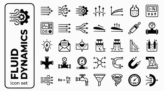 Fluid Dynamics Hydraulics Bold Line Icons-Laminar Flow Turbulent Bernoulli Pascal Buoyancy Hydraulic Reynolds Viscosity-20 Fluid Icon Set Vector - Hydraulics Icons
