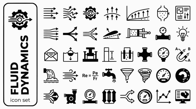 Fluid Dynamics Hydraulics Bold Line Icons-Laminar Flow Turbulent Bernoulli Pascal Buoyancy Hydraulic Reynolds Viscosity-20 Fluid Icon Set Vector - Hydraulics Icons