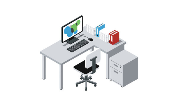 Isometric Office Workspace with Computer Desk and Chair.