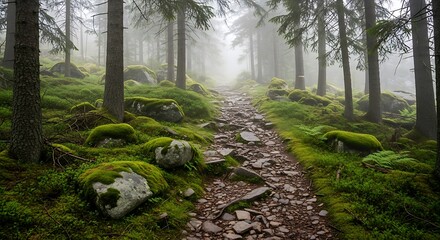 Naklejka premium A serene forest landscape with a rocky path winding through moss-covered trees and boulders on a foggy day