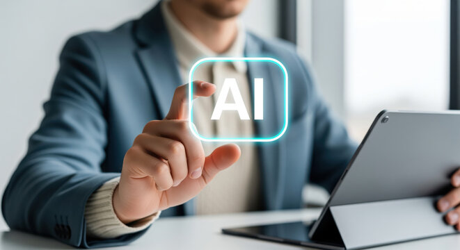 AI adoption in everyday business workflows shown through a manager using intelligent software to streamline task execution, speed information access and support faster operational choices