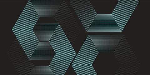 Dynamic turquoise neon hexagonal lines form a striking geometric pattern on a black background, evoking modern technology, futuristic design, and digital aesthetics © ibra