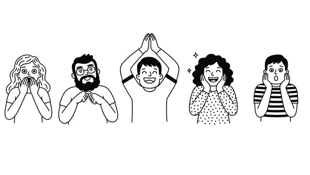 Diverse line art people showing emotions: surprise, joy, gratitude, excitement, shock. Human reactions illustration set.