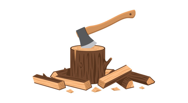A sharp metal axe remains wedged into the center of a brown textured tree stump surrounded by various sized wood chunks on a plain white background in neutral studio light.