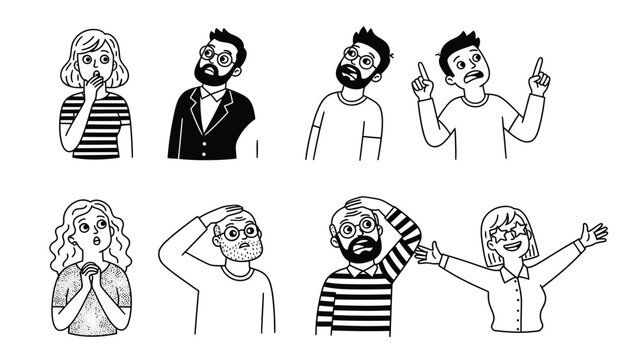 Black & White Hand-Drawn Cartoon People Set with Diverse Expressions, Reactions & Gestures