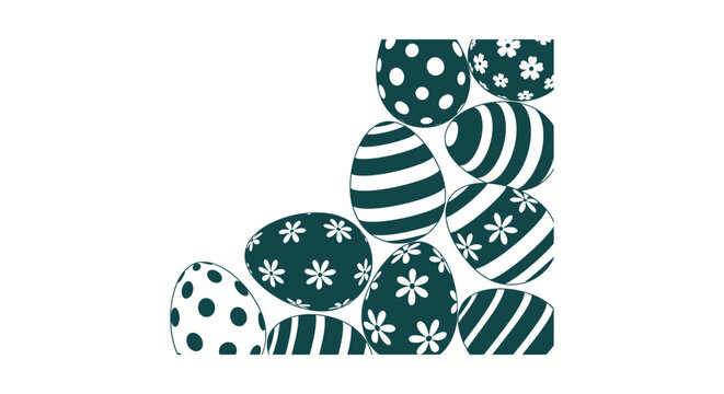 Dark Teal Easter Egg Corner Border Vector Illustration with Floral and Striped Decorative Patterns.