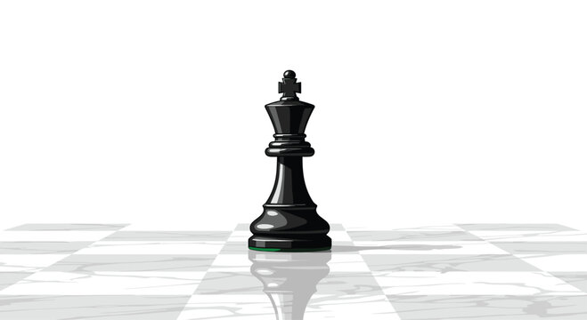 A single polished black chess king stands prominently in the center of a reflective marble chessboard under bright lighting against a pure white background.