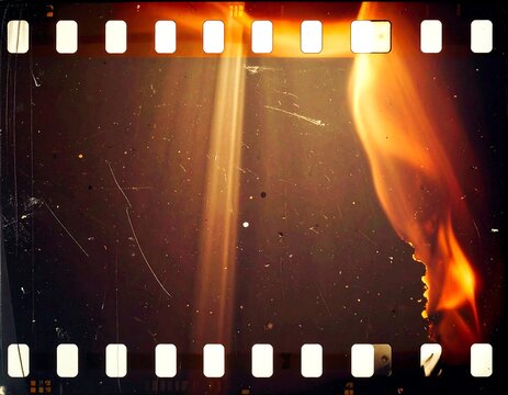 Burned, vintage film strip; fire light, dark background; damaged celluloid, scratches, and film perforation