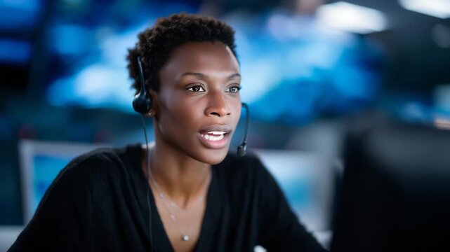 Customer support agent wearing headset in modern call center office. customer service, call center, support agent, headset, operator, communication, help desk, customer support, service representative