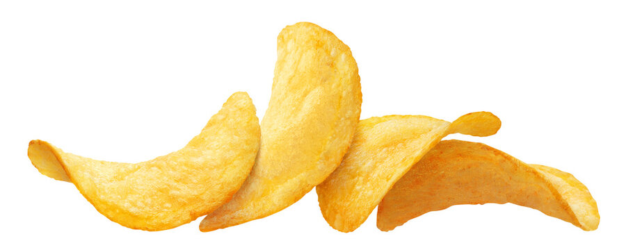 Delicious crispy potato chips stacked together, isolated on cutout transparent background
