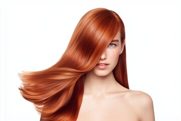 Naklejka premium young woman with long shiny straight red hair isolated on white