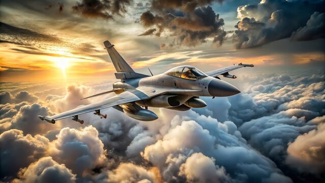 Fighter jet soars through dramatic sunset clouds