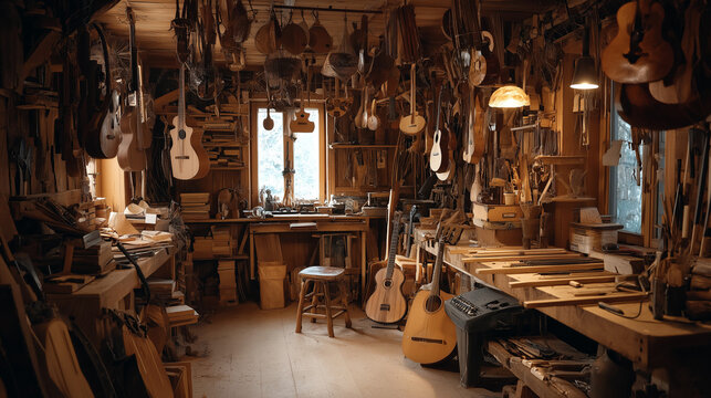 acculturation. A luthier's workshop filled with wood, tools, and unfinished instruments in warm natural light. safety posters.