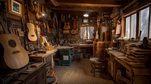 acculturation. A luthier's workshop filled with wood, tools, and unfinished instruments in warm natural light. safety posters.