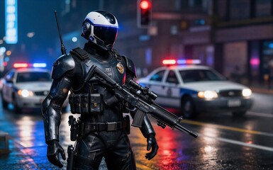 Obraz premium Futuristic police officer stands alert on wet city street at night