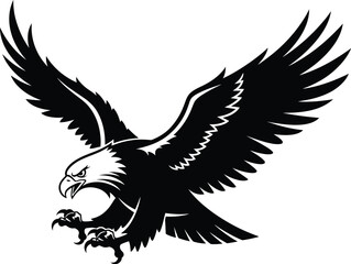 Fototapeta premium Silhouette of an eagle in mid-flight with wings spread wide with black and white with graphic resource