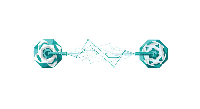 Two complex teal and white octagonal nodes are interconnected by a chaotic web of thin electrical lines and small circular points on a white background.
