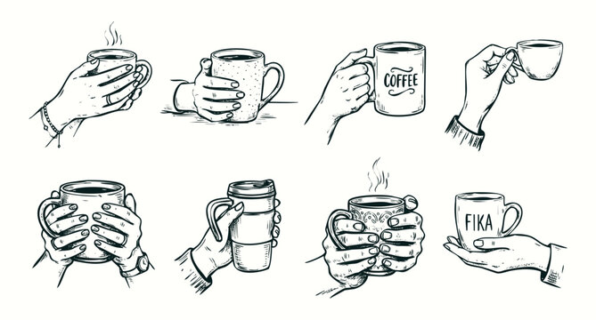 Vintage Hand Drawn Illustration Set of Hands Holding Coffee Mugs and Tea Cups
