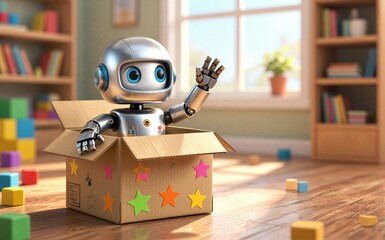 Fototapeta premium Cute robot waves from a star-decorated box in a cozy colorful