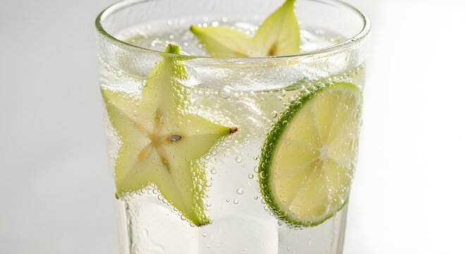 Star Apple Lime Refresher, Sparkling Pale White Beverage with Tropical Citrus Aroma, Light Summer Drink, Exotic Fusion of Sweet Starfruit and Tart Lime Zest for Fresh Cool Indulgence