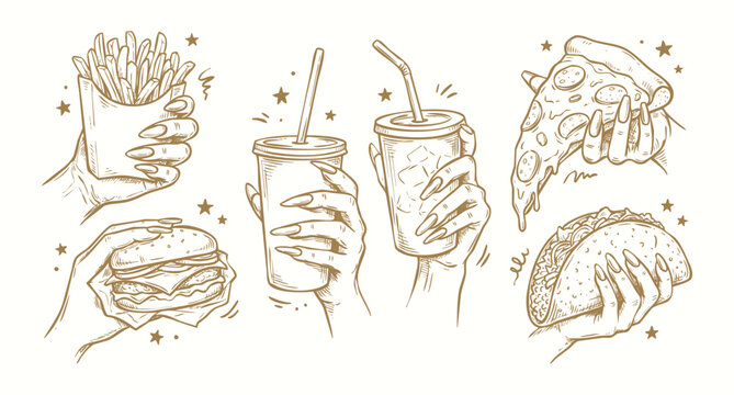 Vintage Hand Drawn Illustration Set of Hands Holding Fast Food and Drinks